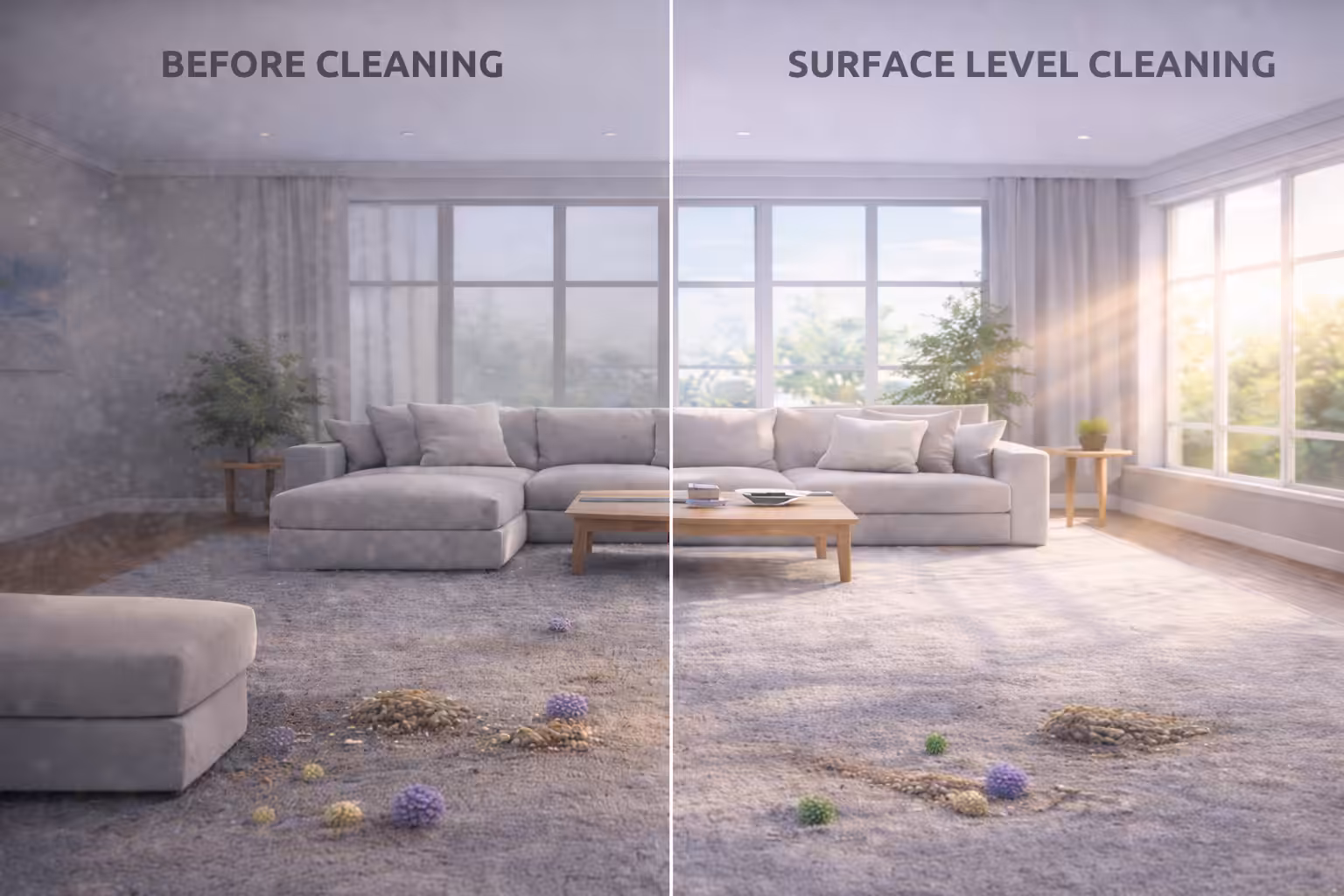 Before and after carpet cleaning comparison showing surface level cleaning vs deep cleaning, highlighting visible debris on one side and hidden bacteria remaining on the other in a residential living room