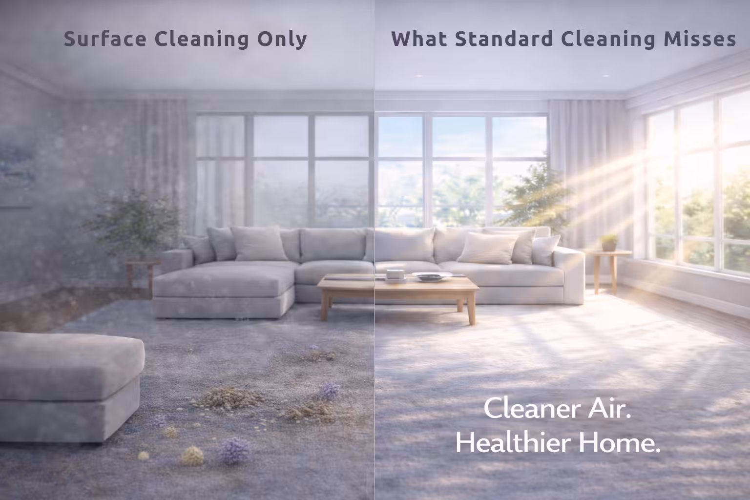 Comparison of surface cleaning vs deep carpet cleaning showing visible dirt removal and hidden bacteria remaining in carpet fibers in a residential living room