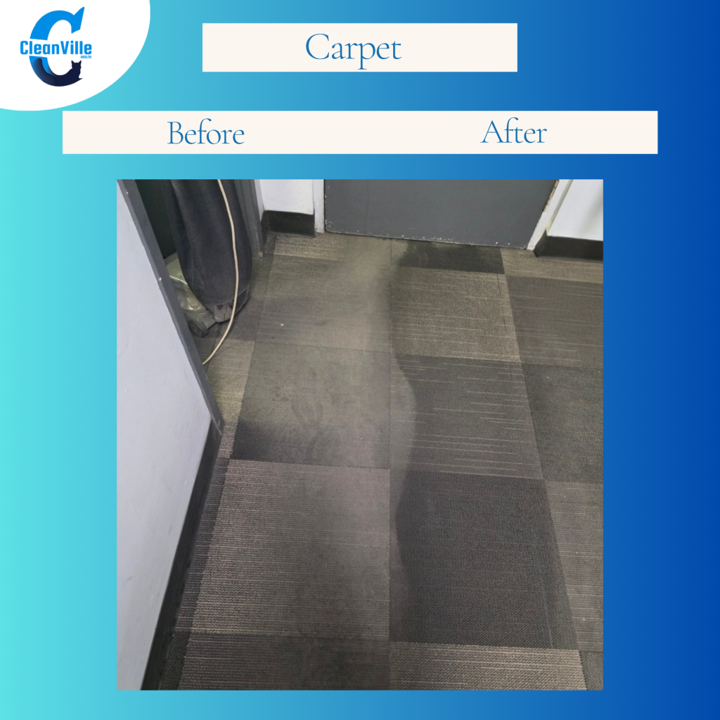 Before and after commercial carpet cleaning Montreal showing removal of dirt and traffic buildup in office hallway