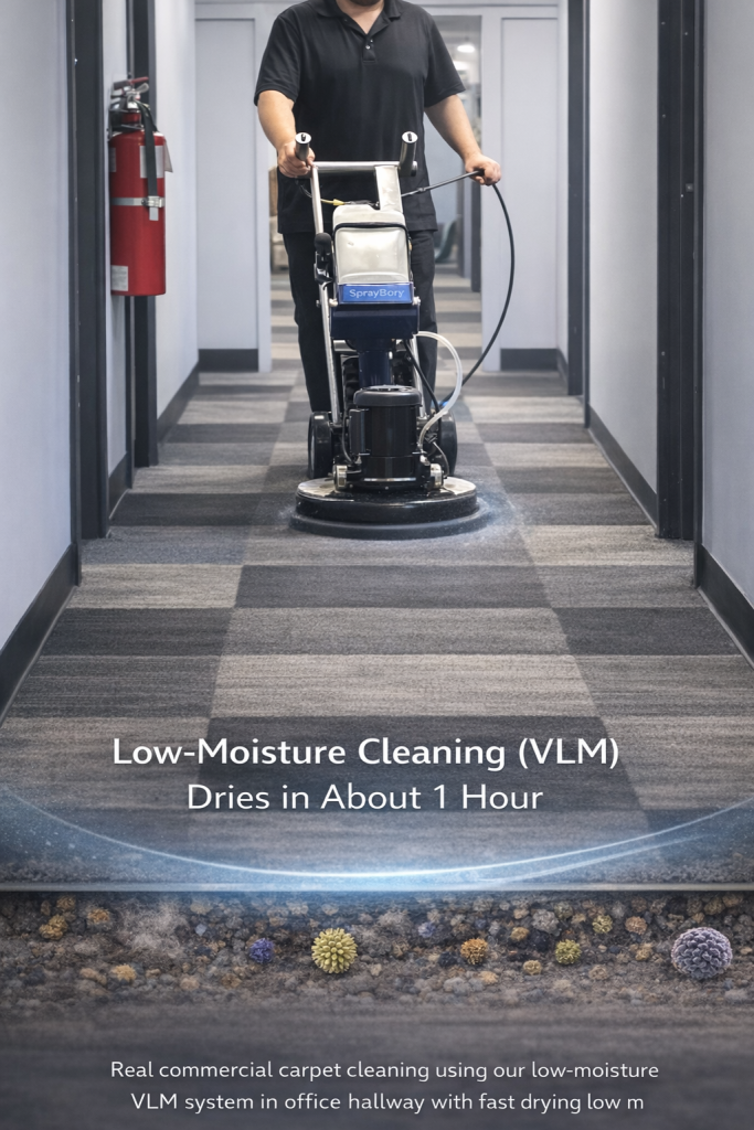 Commercial carpet cleaning Montreal using low moisture VLM system in office hallway with fast drying and deep cleaning results
