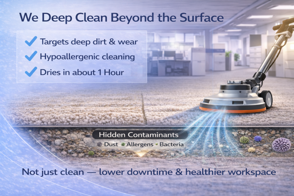 Commercial carpet cleaning Montreal using low moisture VLM system to remove deep contaminants with fast drying and minimal downtime