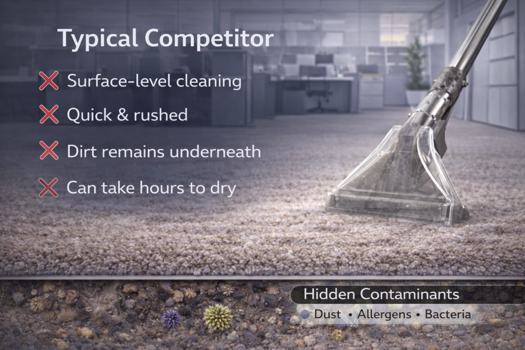 Traditional commercial carpet cleaning Montreal showing surface cleaning, slow drying, and dirt remaining beneath carpet fibers in office environment